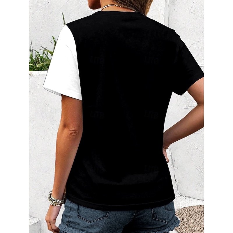 Women's T Shirt Floral Graphic Vintage Stylish Ethnic Short Sleeve V Neck Regular Tops Daily Going out Beach Wear Print Black and White Summer Spring2