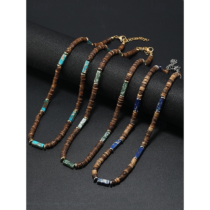 Men's Natural Wood Beaded Necklace with Turquoise Accents, Boho Surfer Style, Adjustable Jewelry for Beach, Festival and Casual Outfits4