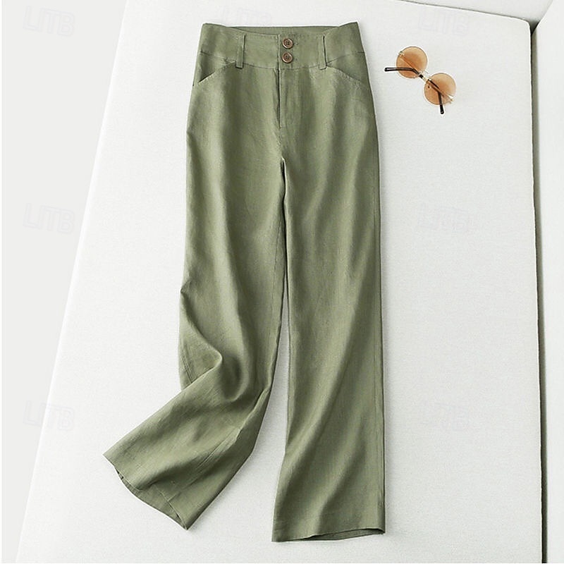 Women's Cotton Linen Shorts Linen-Inspired Pants Cotton Linen Pants Streetwear Casual Full Length Natural Plain Pocket Buckle Comfy Comfortable Street Going out Apricot Black White Dark Navy Summer