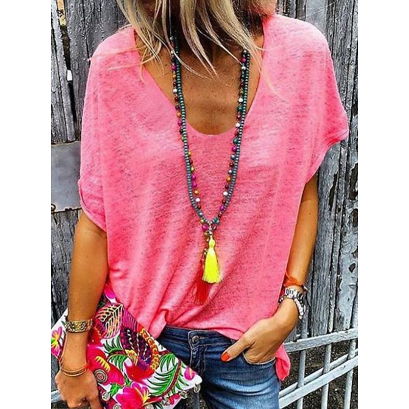 Women's T Shirt Solid Color Plain Fashion Stylish Classic Short Sleeve V Neck Regular Tops Daily Weekend Black White Pink Gray Summer Spring