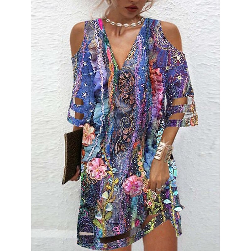 Women's Mini Dress A Line Dress Off The Shoulder Dress Casual Outdoor Beach Regular Fit Ombre Floral Graphic Half Sleeve V Neck Black White Blue Purple Summer Spring