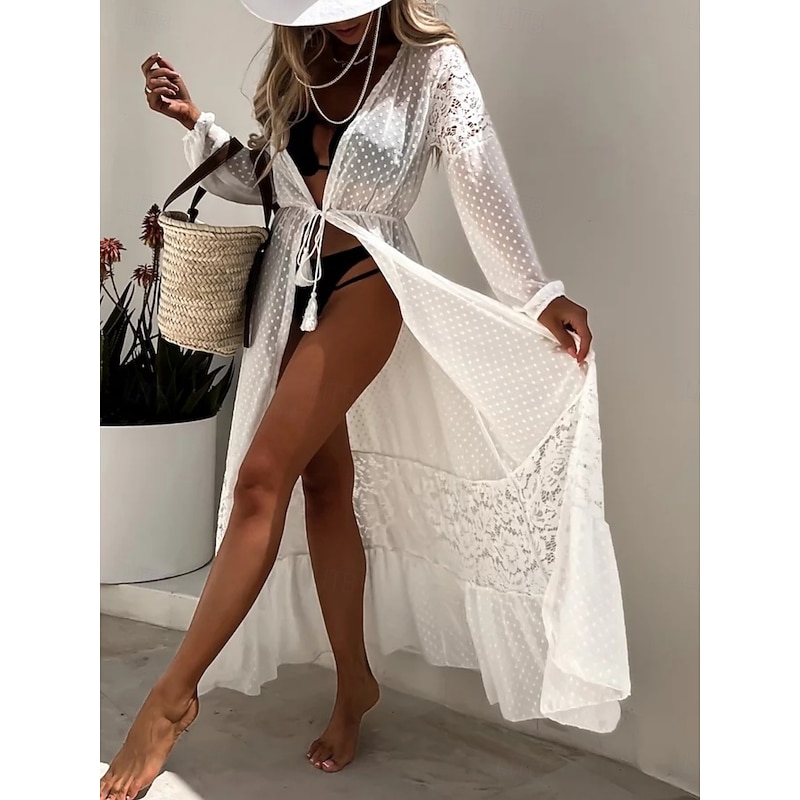 Women's Swimsuits Cover Up Swimsuit Lace Patchwork Vacation Beach Wear Solid Color V Neck Long Sleeve Bathing Suits