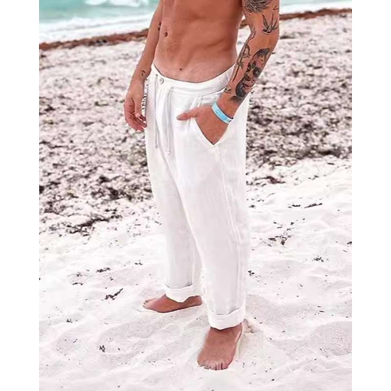 Men's Linen Pants Trousers Summer Pants Beach Pants Pocket Drawstring Plain Comfort Breathable Vacation Daily Holiday Hawaiian Boho White