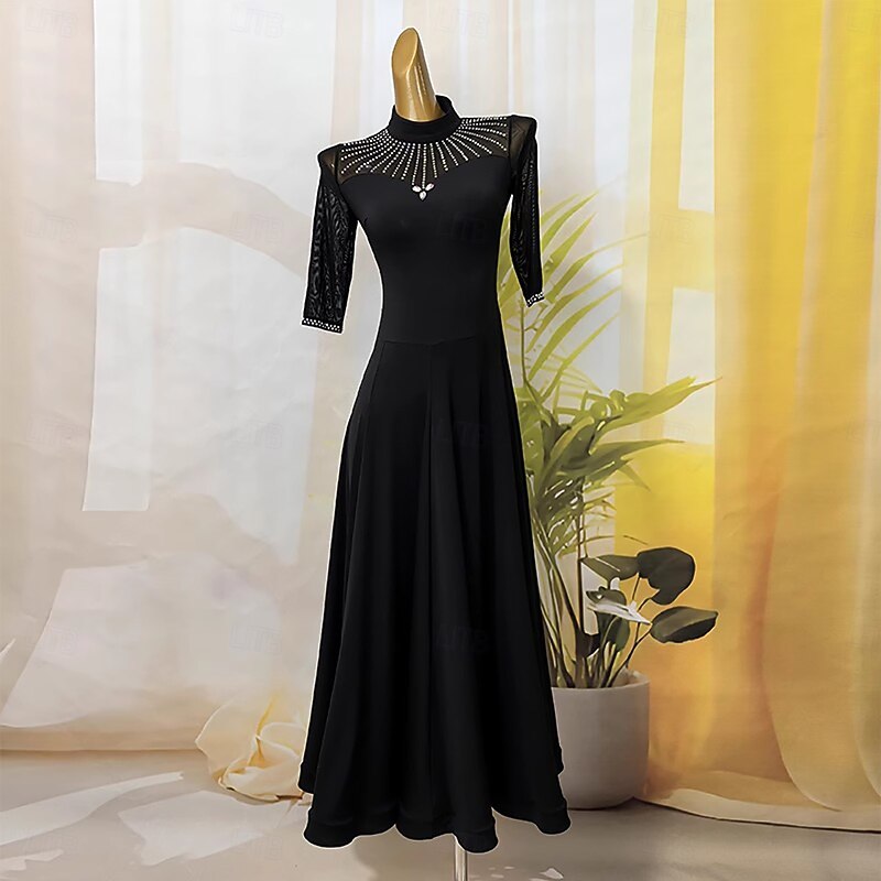 Ballroom Dance Dress Crystal / Rhinestone Splicing Women's Performance Training Half Sleeve Crystal Cotton Mesh3