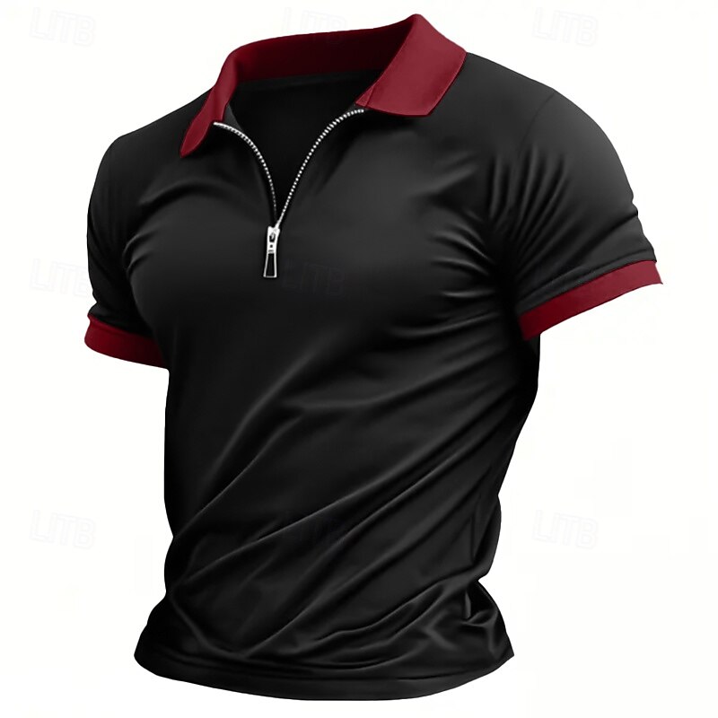 Men's Zip Polo Golf Shirt Casual Holiday Lapel Quarter Zip Short Sleeve Fashion Basic Plain Quarter Zip Summer All Seasons Regular Fit Black White Burgundy Drak Red Zip Polo2