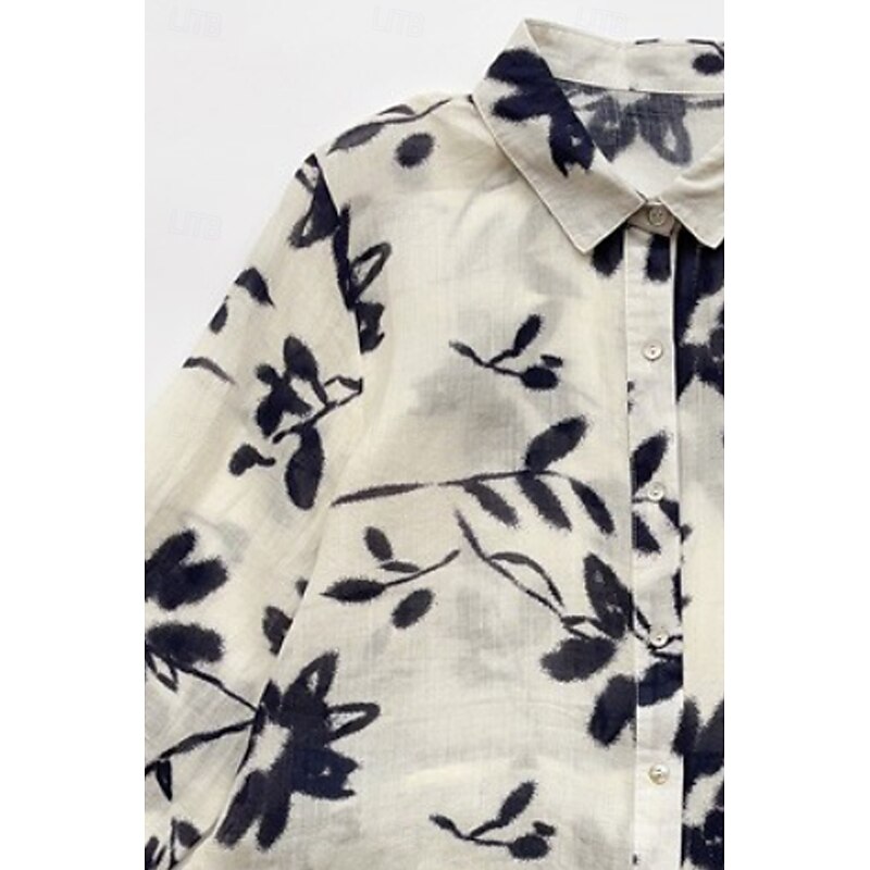 Women's Shirt Button Up Cotton Linen Shirt Blouse Flower Casual Long Sleeve Shirt Collar Regular Tops Daily Going out Print White Summer3