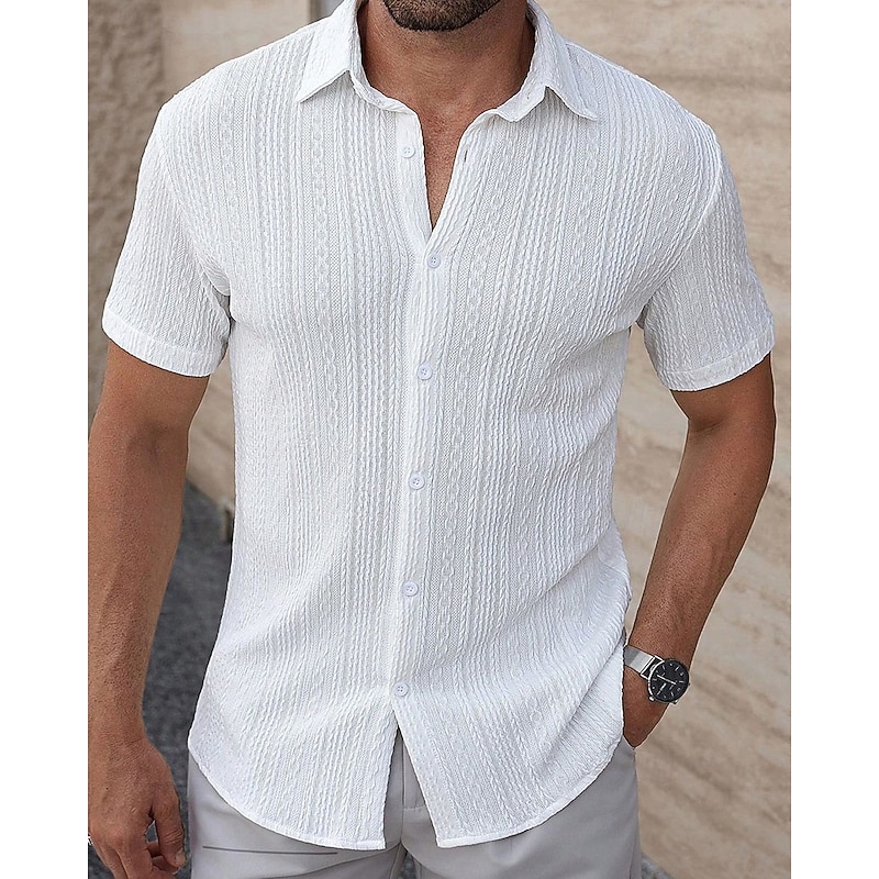 Men's Shirt Summer Shirt Casual Shirt Beach Shirt Button Up Shirt Light Pink Black White Burgundy Beige Short Sleeve Solid / Plain Color Lapel Vacation Hawaiian Clothing Apparel Polyester Fashion