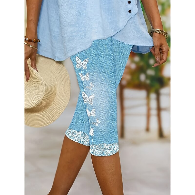 Women's Leggings Capri Pants 3D Print High Elasticity Vacation Vintage Fashion Calf-Length High Waist Butterfly Abstract Printing Breathable Soft Stretchy Formal Outdoor Vacation Robin's Egg Blue3