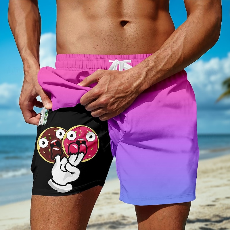 Men's Gradient Color Donuts Cartoon Hand Print Lined Shorts 2 in 1 Board Shorts Swim Shorts Mid Waist Hawaiian Vacation Side Pockets With Compression Liner Elastic Drawstring Waist Designer Clothing2