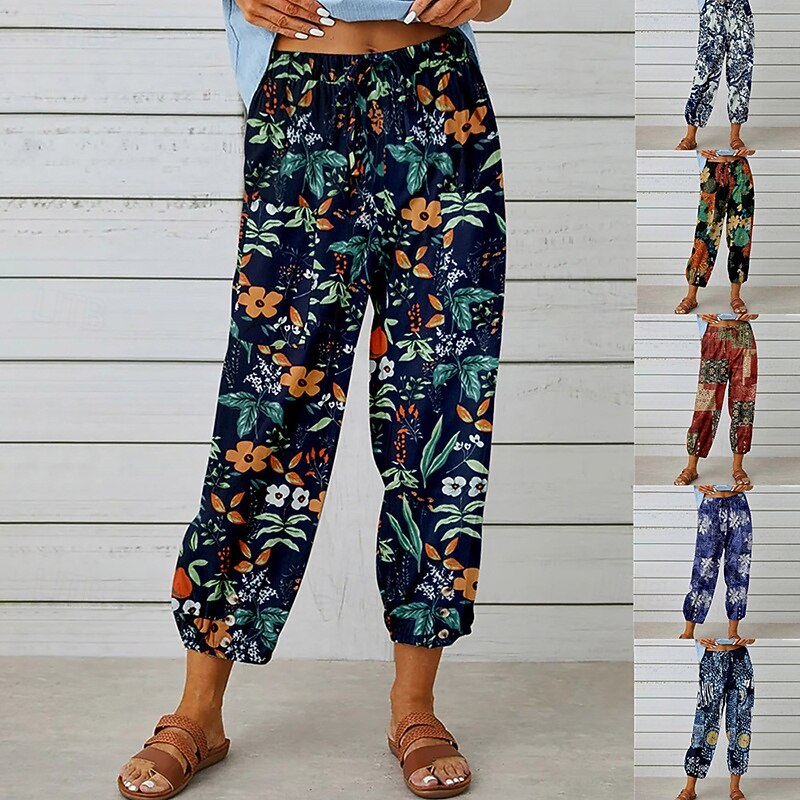 Women's Joggers Cotton Linen Pants Fashion Streetwear Comfort Ankle-Length Mid Waist Floral Elastic Waist Comfy Breathability Comfortable Street Daily Wear Going out Black White Red Navy Blue Summer
