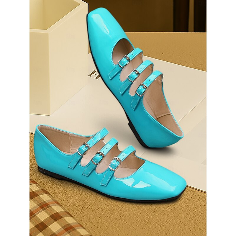 Women's 1930s Vintage Red Patent Leather Mary Jane Flats with Triple Buckle Straps – Retro Classic Dress Shoes for Parties and Daily Wear