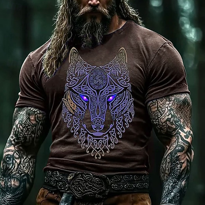 Men's Wolf Viking T Shirt Short Sleeve T shirt 3D Print Crew Neck Round Neck Shirt Fashion Ethnic Street Casual Daily Blue Purple Brown Summer Spring All Seasons Clothing Apparel S M L XL XXL XXXL2