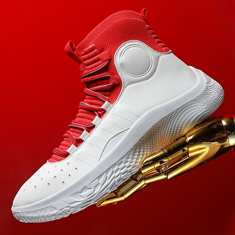 Men's Red and White High-Top Basketball Sneakers with Shock Absorption – Premium Comfort and Durability for Athletic Performance