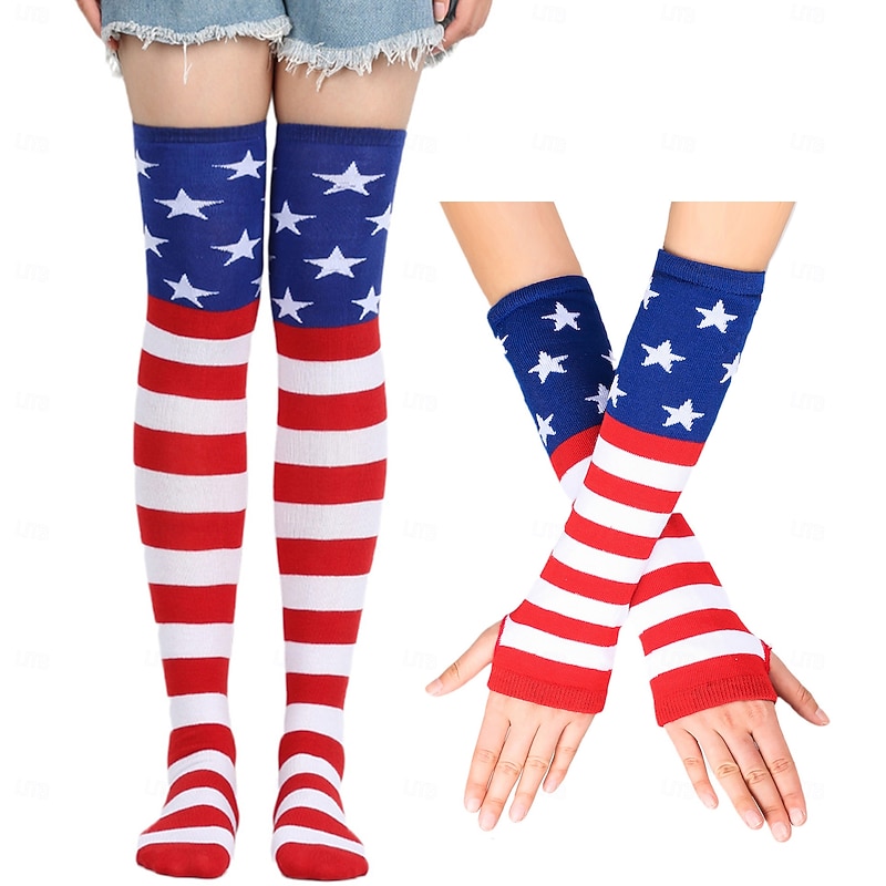 4pcs Flag Pattern Thigh High Stockings For Independence Day Party Over The Knee Socks Women's Stockings & Hosiery