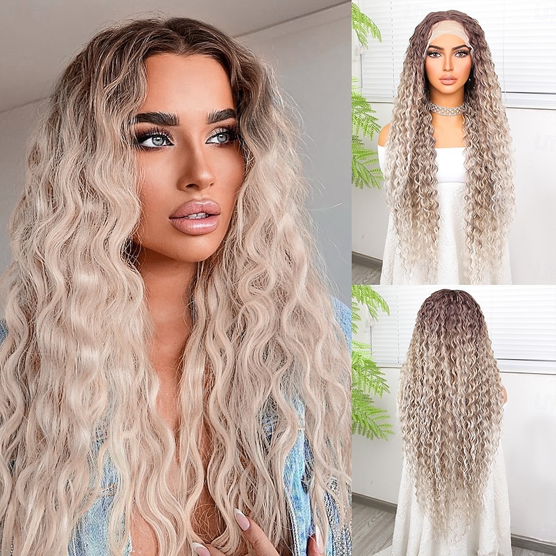 Synthetic Lace Wig Deep Curly Style 32 inch Black Middle Part 13x4x1 T Part Lace Front Wig Women's Wig Light Auburn