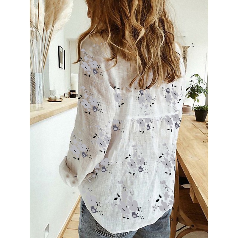 Women's Cotton Linen Shirt Floral Daily Casual Long Sleeve Shirt Collar Regular Tops Daily Buttons Print White Yellow Blue Summer2