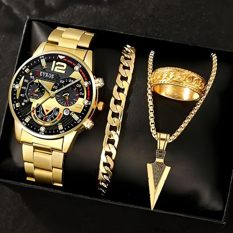 4-Piece Luxury and Fashionable Men's Watch and Arrow Necklace Bracelet and Ring Perfect for Business and Leisure