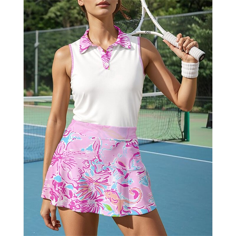 Women's Graphic Sports Set Tennis Set Tennis Skirts Tennis Shirt 2 Pieces Sleeveless Patchwork Breathable Volleyball Tennis Golf Turndown Skirt Dress Pink Tennis Clothing3