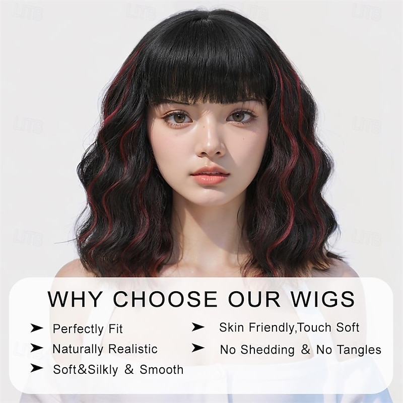 Short Wavy Wig with Bangs for Women Shoulder Length Bob Curly Synthetic Wigs with Natural Wavy Black Mixed Wine Red Heat Resistant Wig for Daily Party Use4