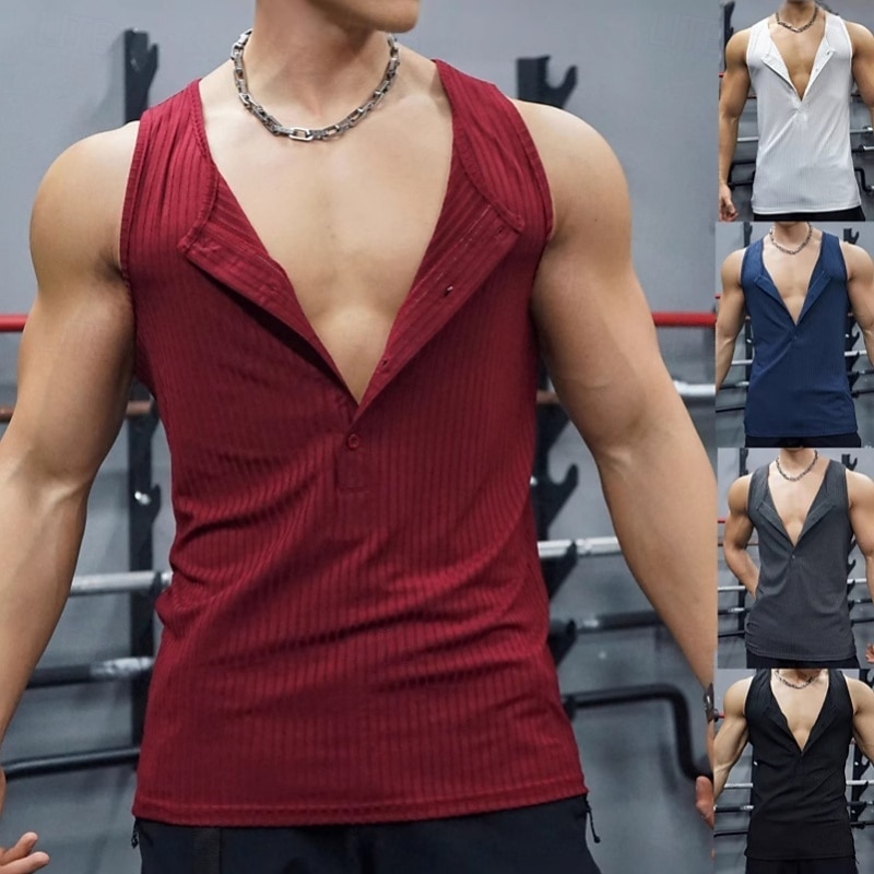 Men's Tank Top Sleeveless Shirt Muscle Shirt Wife beater Shirt Sleeveless Henley Summer Color Block Vertical Stripes Pit Strip Fashion Designer Casual Sporty Ribbed Fitness Gym Black White Dark Red