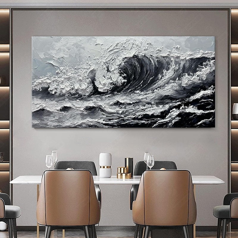 Handmade Oil Painting Canvas Wall Art Decoration Modern Black and White Sea Wave Abstract Texture  for Living Room Home Decor Stretched Frame Hanging Painting/Rolled Frameless Unstretched Painting