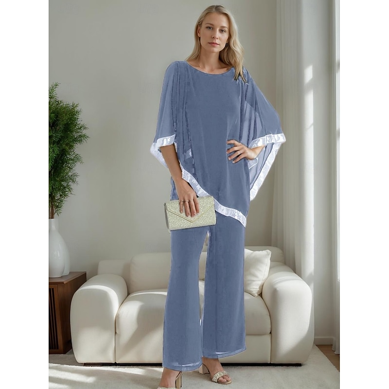 Two Piece Pantsuit Mother of the Bride Dress Elegant Simple Minimalist Crew Neck Ankle Length Chiffon Half Sleeve with Pleats Sequin4