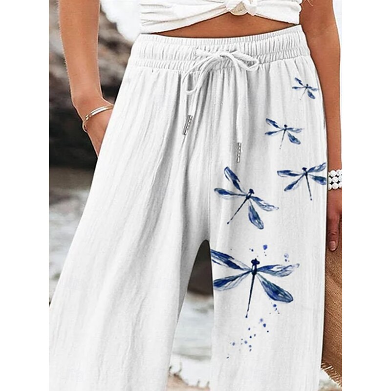 Women's Wide Leg Baggy Pants Beach Shorts Vacation Vintage Fashion Full Length High Waist Graphic Flower / Floral Drawstring Printing Soft Breathable Micro-elastic Vacation Causal Casual White Blue2