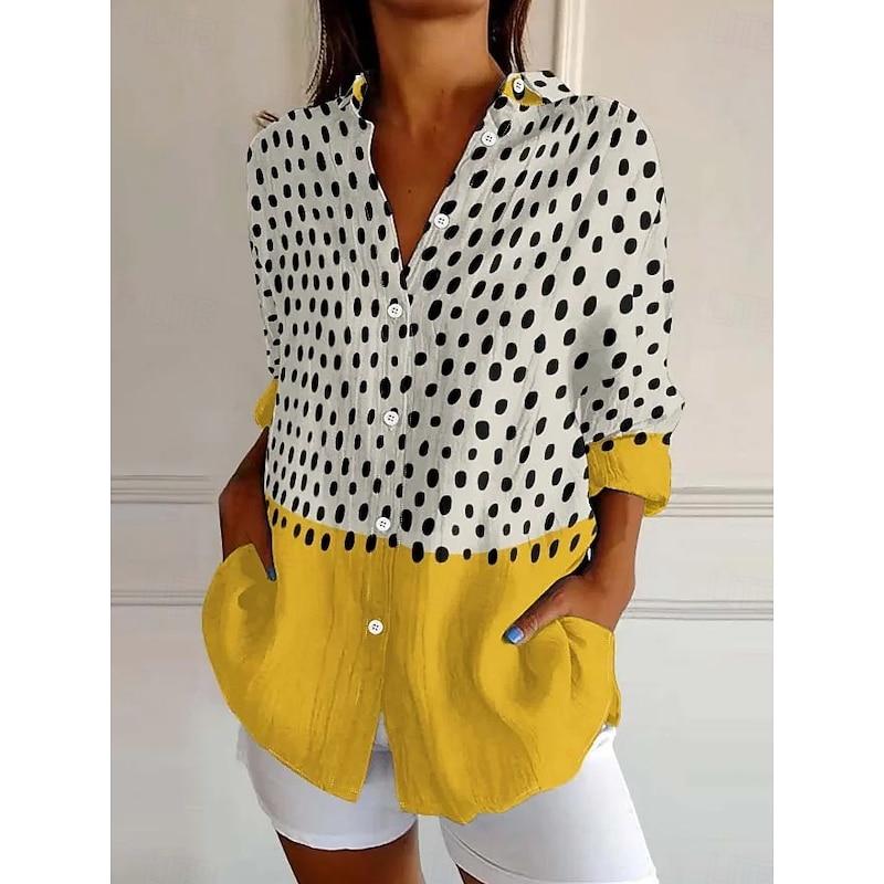 Women's Shirt Button Down Tunic Shirt Collar Long Sleeve Graphic Geometric Polka Dot Daily Stylish Short Sleeve Regular Tops Daily Sage Green Yellow Blue Purple Spring