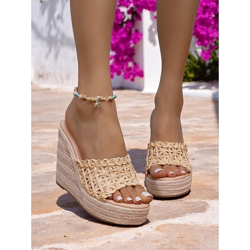 Women's Beige Woven Wedge Slide Sandals – Handcrafted Raffia Upper, Espadrille Platform Design for Summer Beach Vacations and Resort Wear3