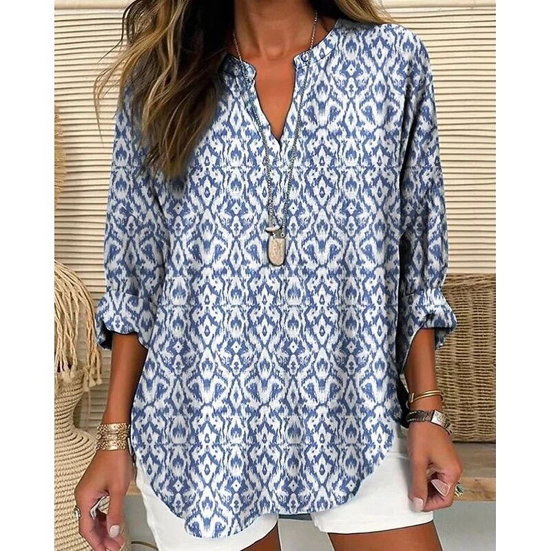 Women's Blouse Tunic V Neck Long Sleeve Boho Casual Tops Floral Graphic Vintage Tropical Regular Tops Daily Vacation Wear Print Blue Green Gray Light Blue3