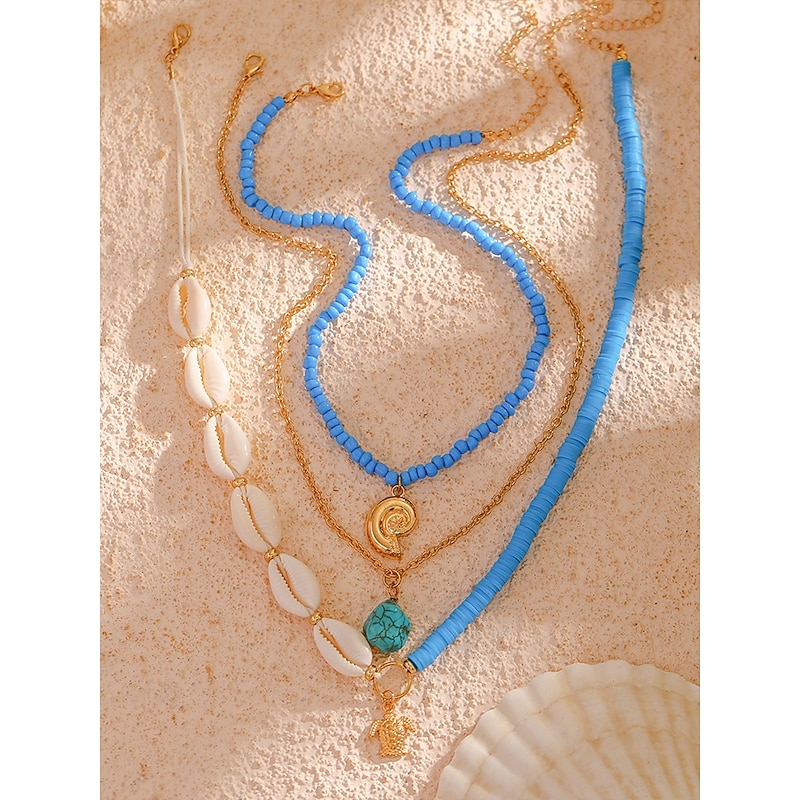 Women's Boho Layered Shell and Bead Necklace Set – Beach-Style Turquoise Pendant and Gold Charms for Summer Vacations and Festivals3