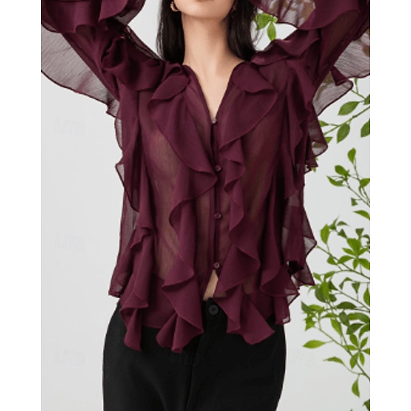 Women's Shirt Blouse Plain Stylish Modern Long Sleeve V Neck Regular Tops Holiday Going out Layered Wine Summer3