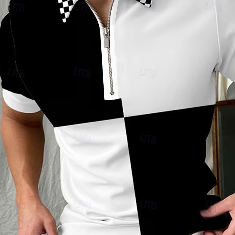 Men's Color Block Zip Polo Short Sleeve Turndown Casual Daily Outdoor Athleisure Zipper Summer Black-White2