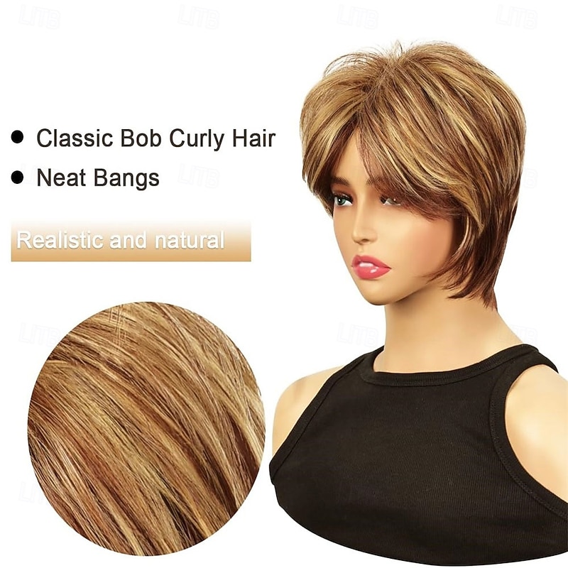 Short Brown Pixie Cut Wig Short Hair Wigs with Bangs Mixed Blonde Highlight Layered Fluffy Synthetic Hair Replacement Wig for Women Halloween Costumes Wigs2