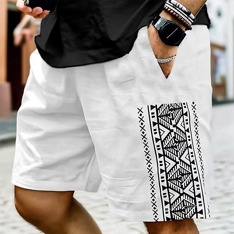 Men's Shorts Linen Shorts Summer Shorts Beach Shorts Drawstring Elastic Waist Print Geometric Comfort Breathable Knee Length Outdoor Casual Daily Vacation Hawaiian White Green Micro-elastic - Main Image