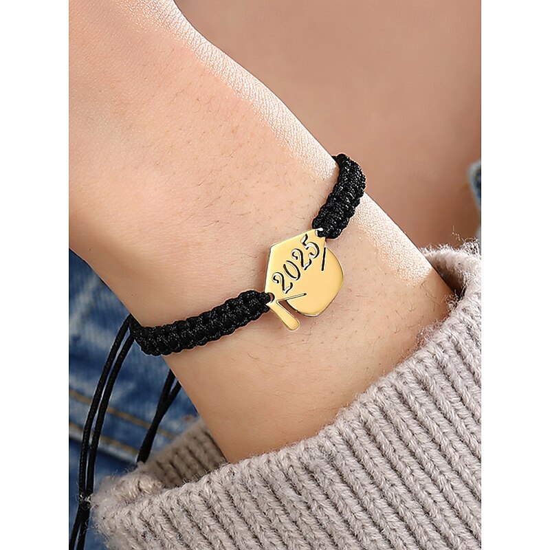 2025 Women's Graduation Bracelet Anklet - Adjustable Black Rope Bracelet with Gold Graduation Cap Charm, Minimalist Beach Jewelry Gift2