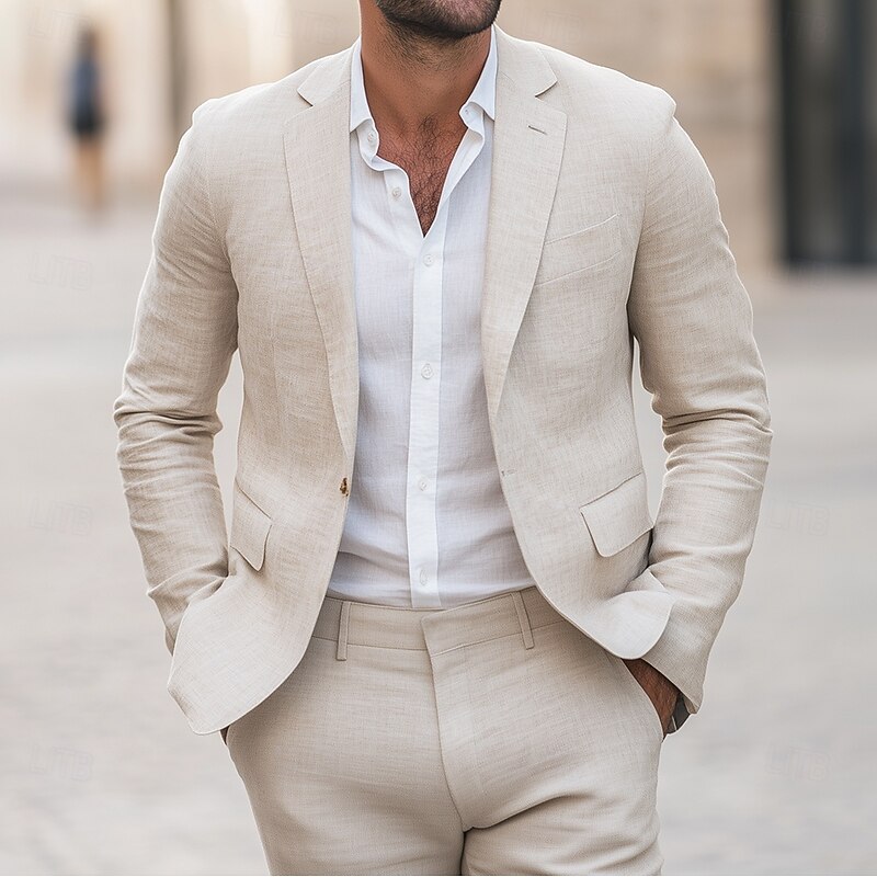 Men's Causal Linen Suits Beige Daily Half Lined Lightweight Solid Colored Slim Fit 2 Piece Single Breasted One-button2