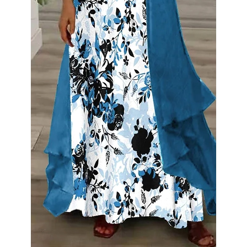 Women's Dress Set Maxi Dress A Line Dress Summer Dress Vacation Boho Floral Graphic Layered Print Maxi Dress 3/4 Length Sleeve Crew Neck Outdoor Daily Blue Summer Spring Loose Fit3