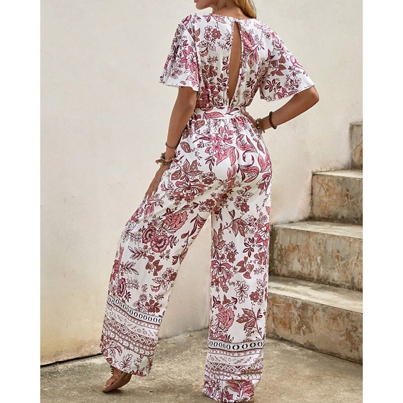 Women's Normal Jumpsuit Streetwear Floral Short Sleeve Straight V Neck Print Street Daily Regular Fit Pink Summer3