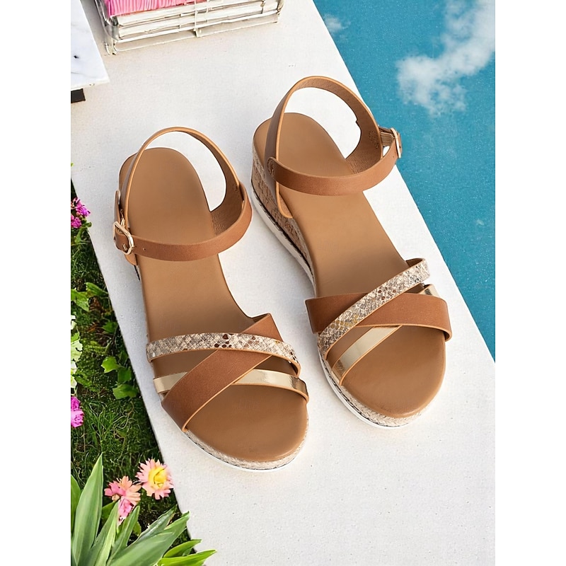 Women's Cork Wedge Sandals – Brown Strappy Espadrille Platform with Buckle, Casual Summer Shoes for Daily Wear, Travel and Beach Outfits