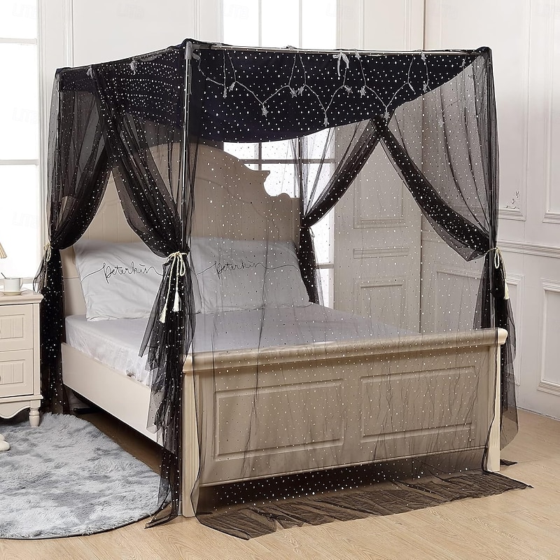 4 Corner Post Mosquito Net with Star-Mooon Pattern for Adult Teen Girls Boys Bed ; Bed Canopy for Twin/Full/Queen/King Size Bed