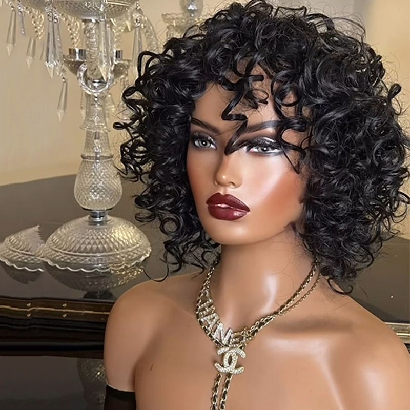 Human Hair 5x5 Closure 13x4 Lace Front Wig With Bangs Brazilian Hair Loose Wave Black Wig 130% 150% Density 100% Virgin Glueless Pre-Plucked For Women Short Human Hair Lace Wig3