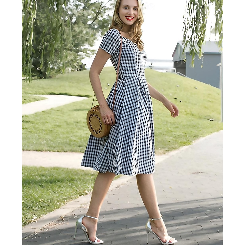 Retro Vintage 1950s Rockabilly Midi Dress A Line Dress Flare Dress Off Shoulder Gingham A-Line Fancy Dress Women's Vacation Tea Party Party & Evening Adults Dress Summer4