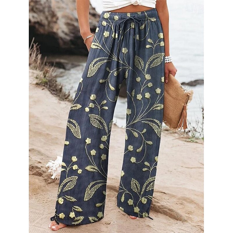 Women's Wide Leg Chinos Baggy Pants Vacation Vintage Fashion Full Length High Waist Floral Graphic Printing Thermal Warm Soft Breathable Micro-elastic Vacation Street Causal Robin's Egg Blue White4
