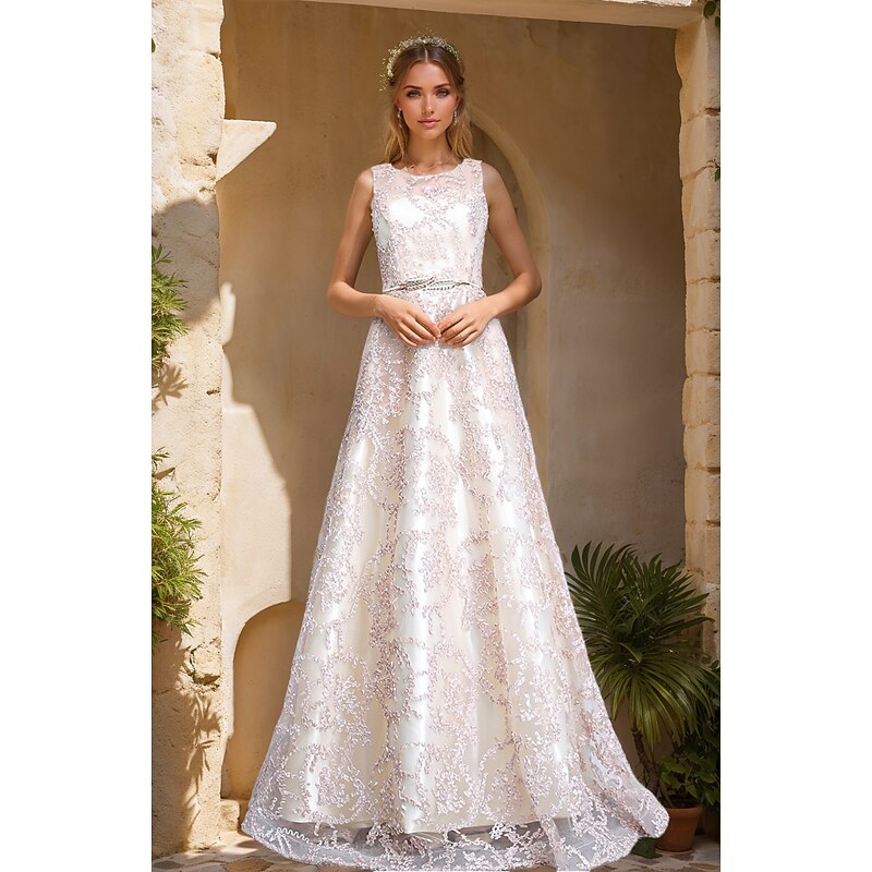 Jacquard A-Line Prom Dresses Elegant Dress Wedding Guest Holiday Floor Length Sleeveless Crew Neck Tulle with Metal Belt4