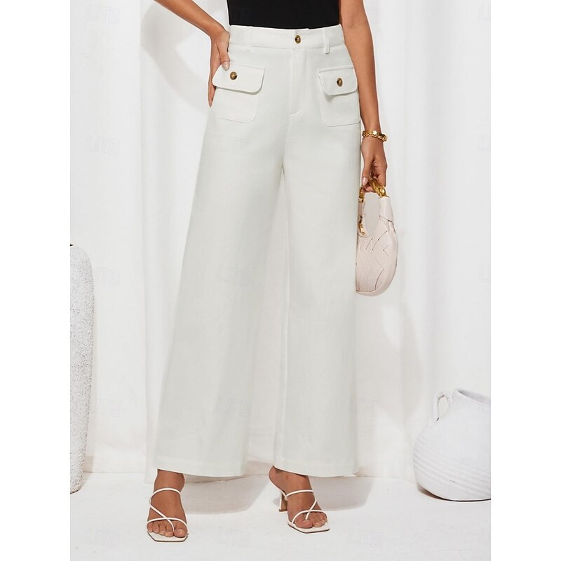 Women's Wide Leg Pants Trousers Streetwear Work Long High Waist Plain Pocket High Cut Breathability Soft Micro-elastic Vacation Street Daily Wear Black White Yellow Pink Summer Regular Fit3