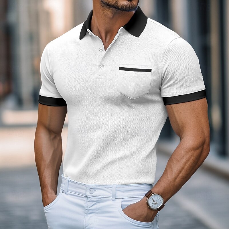 Men's Golf Shirt Pique Polo Shirt Work Casual Lapel Ribbed Polo Collar Short Sleeve Basic Modern Color Block Pocket Summer Regular Fit White Black Burgundy Navy Blue Light Blue Gray Golf Shirt2