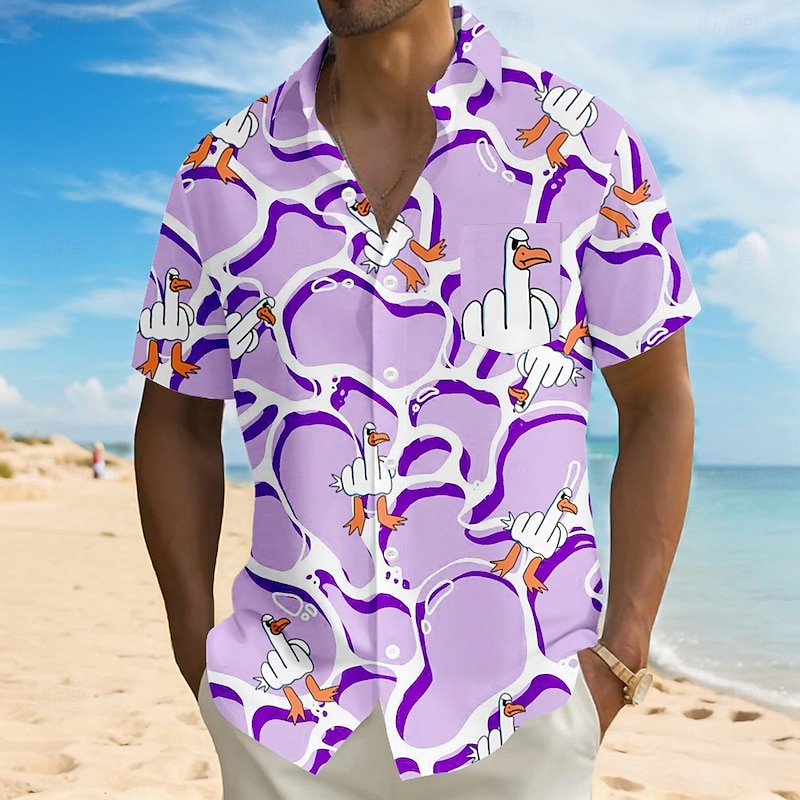 Men's Geometric Funny Duck Shirt Summer Hawaiian Shirt Button Up Shirt Short Sleeve Hawaiian Vacation Holiday Beach Wear Summer Turndown 3D Print Front One Pocket Linen Like Shirt Blue Purple Green4