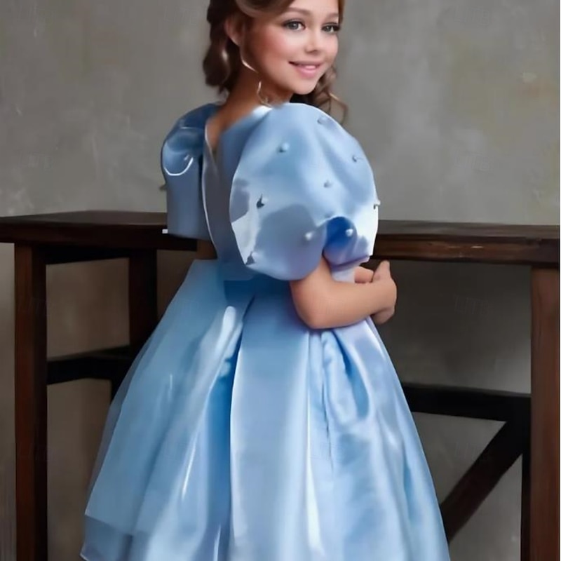Kids Girls' Dress Party Dress Solid Color Short Sleeve Performance Puff Sleeve Princess Sweet Satin Knee-length Sheath Dress Summer Spring Fall kids Sky Blue3