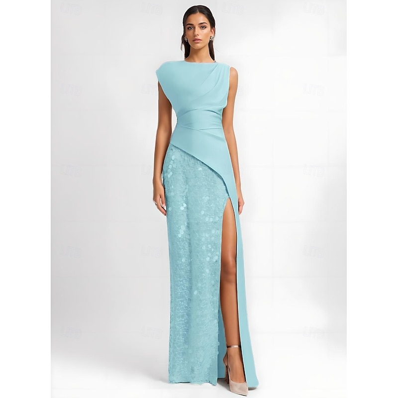 A-Line Evening Gown Elegant Dress Formal Floor Length Sleeveless Crew Neck Pocket Italy Satin with Glitter Ruched